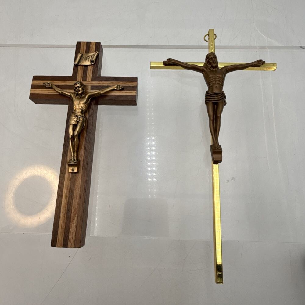 Vintage LOT OF 2 Crucifix Crosses One INRI Brass Wall Hanging & One Wood